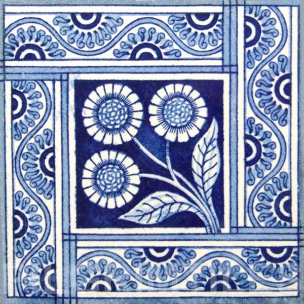 Aesthetic Movement tile Blue Daisy Fireplace 10 Tile Set - Image 3