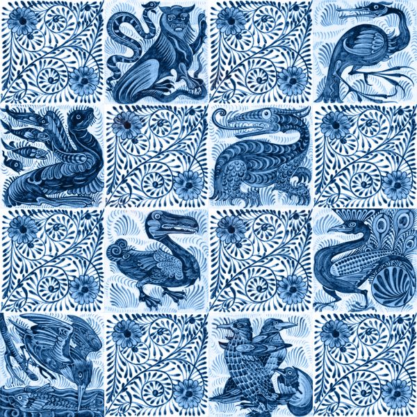 William de Morgan Creatures Ceramic or Porcelain 16 Tile Mural Blue