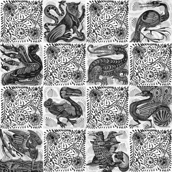 William de Morgan Creatures Ceramic or Porcelain 16 Tile Mural Grey