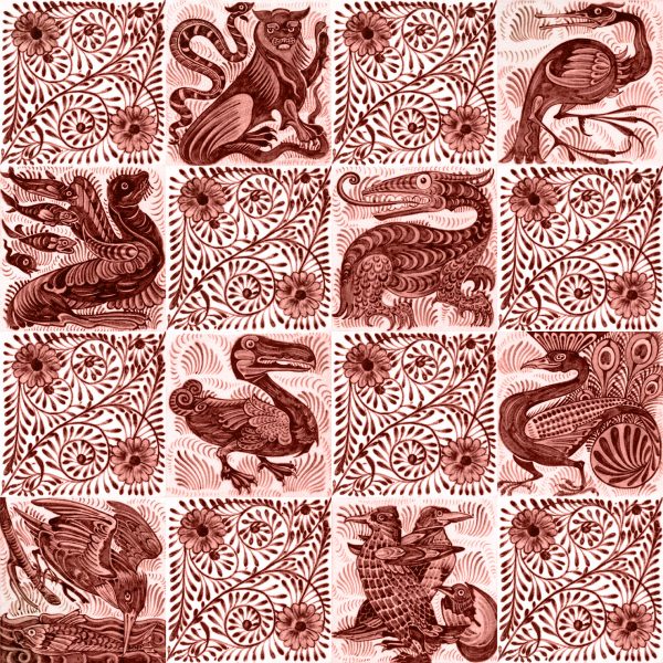 William de Morgan Creatures Ceramic or Porcelain 16 Tile Mural Red