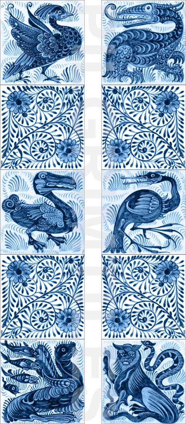 William de Morgan Blue Creatures Fireplace 10 Tile Set (6 inch)