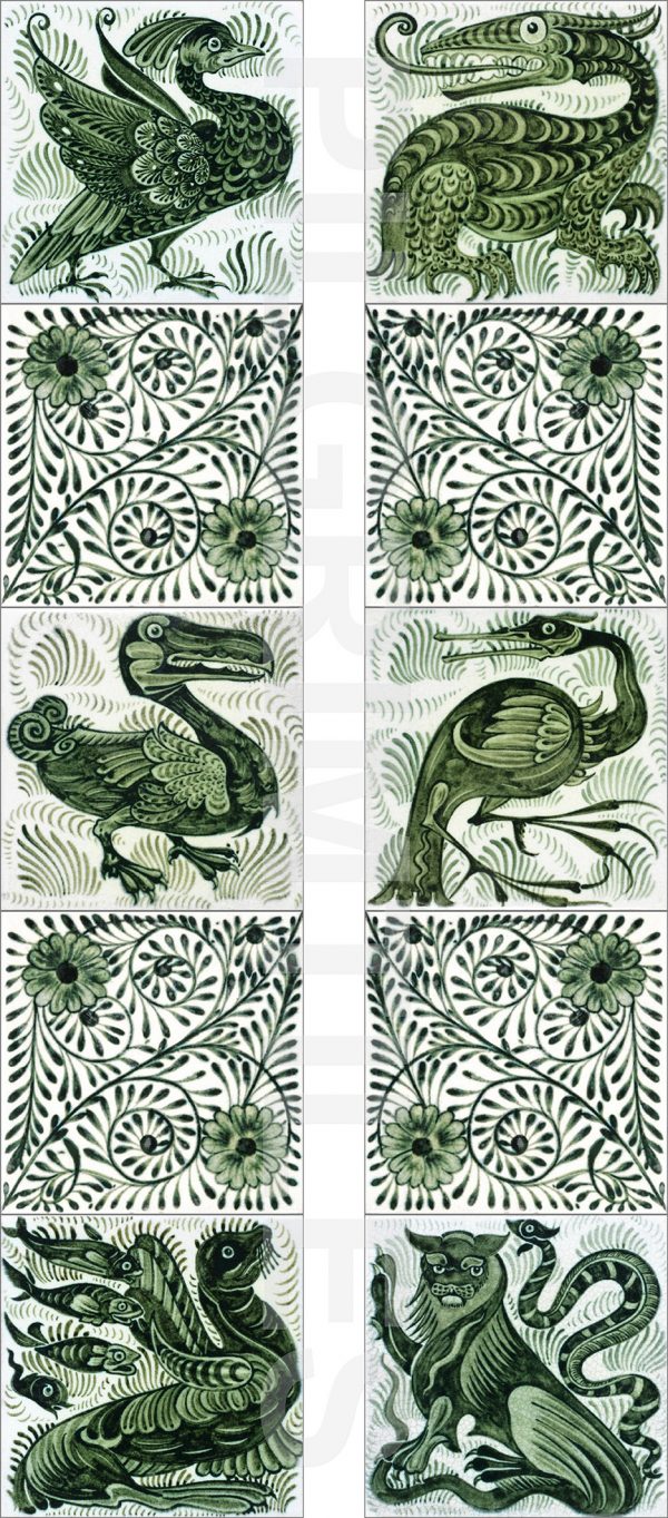 William de Morgan Green Creatures Fireplace 10 Tile Set (6 inch)