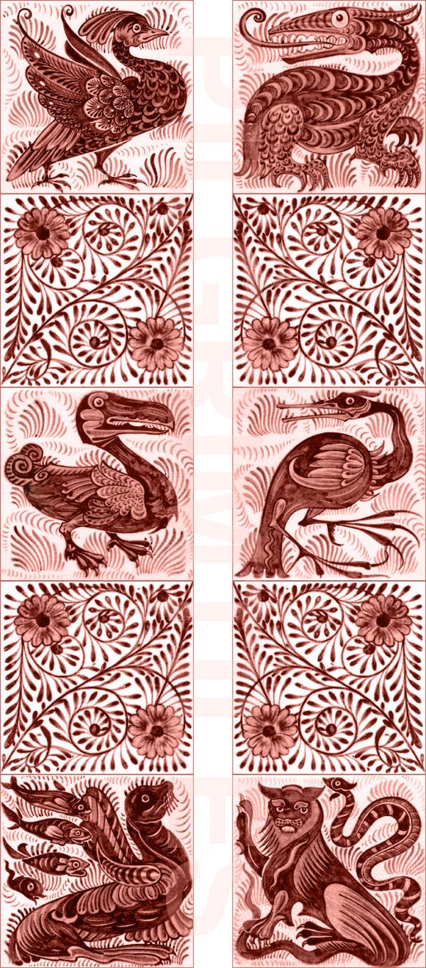 William de Morgan Red Creatures Fireplace Tile Set 10 tiles (6 inch)