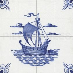 Voysey Delft Ship Ceramic or Porcelain 16 Tile Mural Splashback