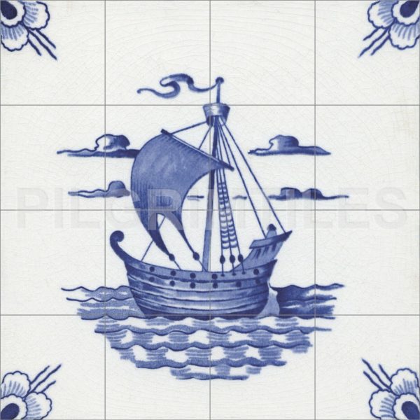 Voysey Delft Ship Ceramic or Porcelain 16 Tile Mural Splashback