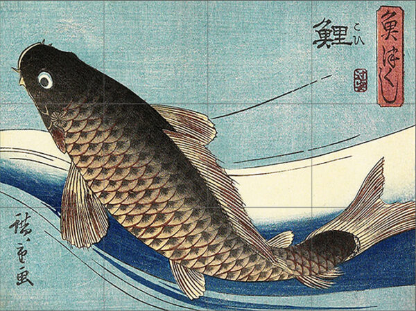 Japanese Carp ceramic or porcelain 12 tile mural 60cm x 45cm, 24" x 18" col