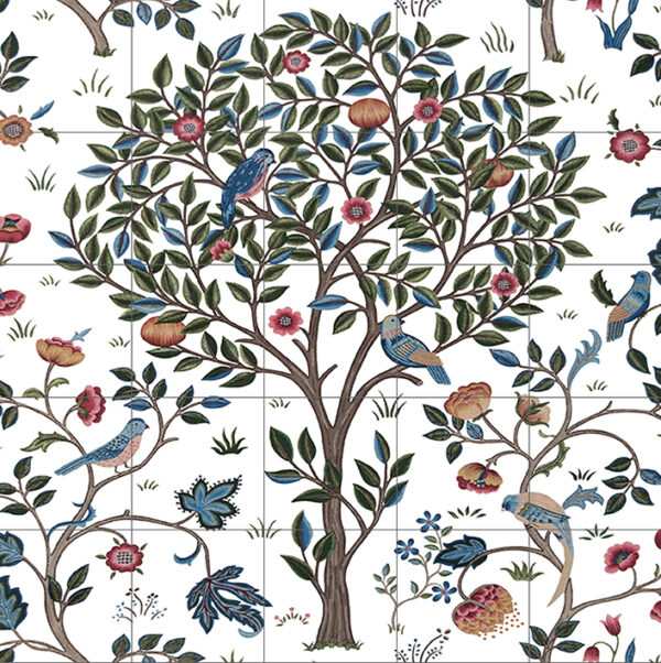 William Morris Kelmscott Tree Large Ceramic or Porcelain 25 Tile Mural Backsplash white background 75cm x 75cm 30" x 30"