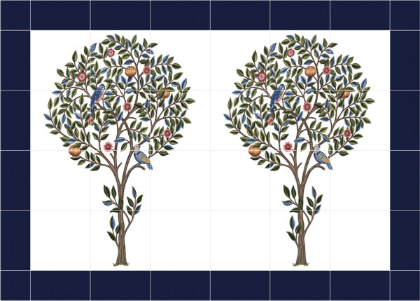 AGA Tiled Mural Backsplash William Morris Kelmscott Tree Porcelain or Ceramic  white and blue 105cm x 75cm 42" x 30" ref 2