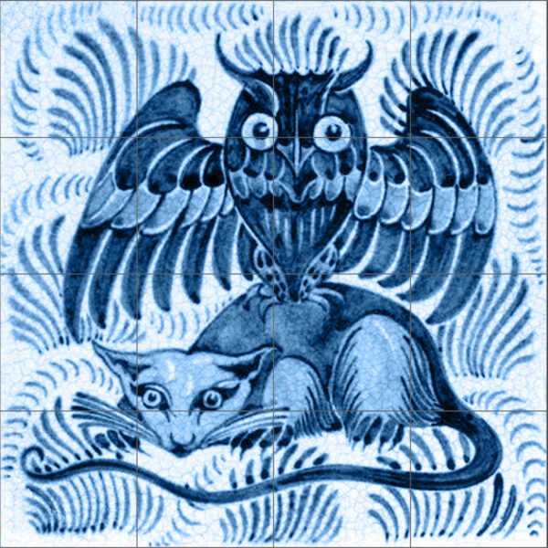 William de Morgan Owl and Rat blue Ceramic or Porcelain 16 Tile Mural Splashback 60cm x 60cm 24" x 24"