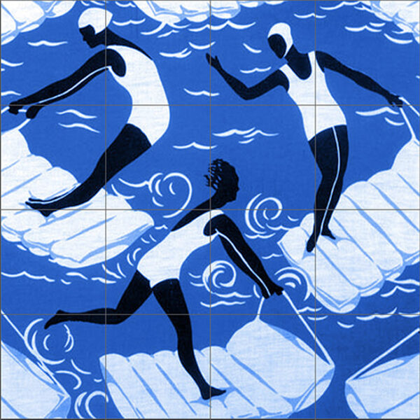 Art Deco Surfing Blue Ceramic or Porcelain 16 Tile Mural Splashback 60cm x 60cm 24" x 24"
