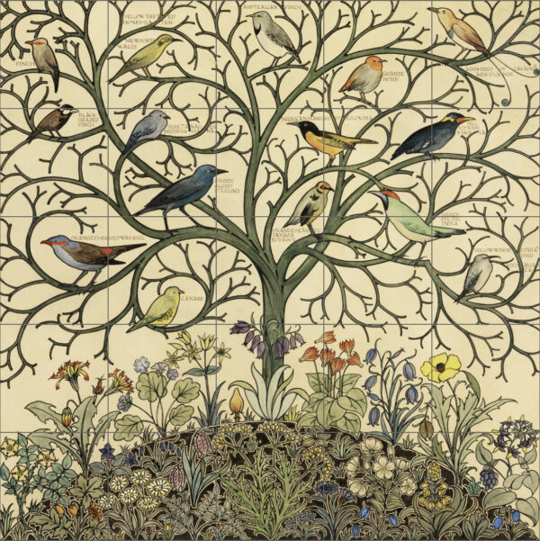 Voysey Birds Of Many Climes Large Ceramic or Porcelain 25 Tile Mural Backsplash 75cm x 75cm 30" x 30" cream