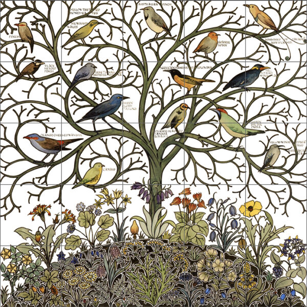 Voysey Birds Of Many Climes Large Ceramic or Porcelain 25 Tile Mural Backsplash 75cm x 75cm 30" x 30" white