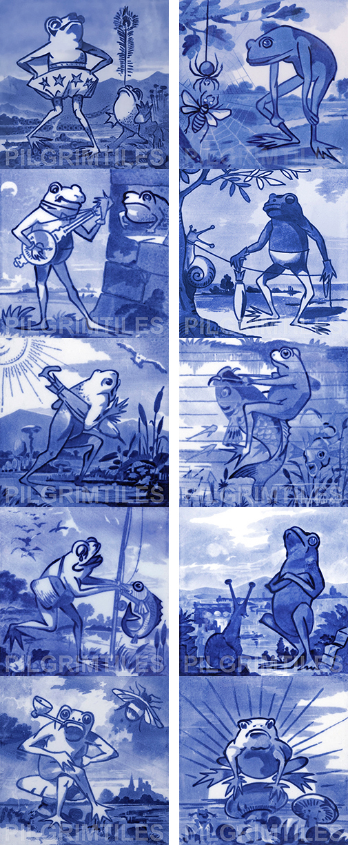 Copeland Frogs Arts and Crafts Fireplace Tile Set 10 tiles blue (6 inch)