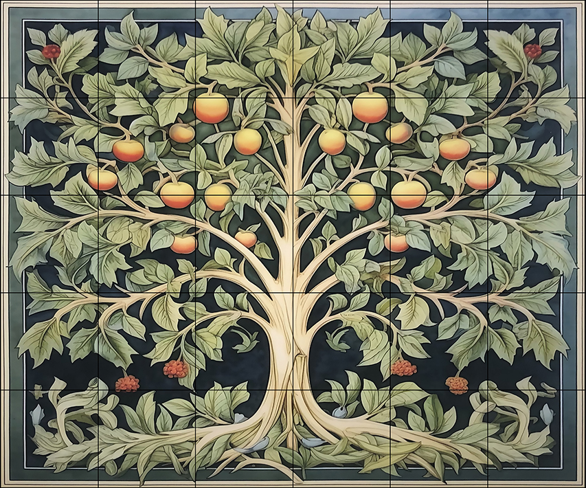 William Morris Style Tree Kiln Fired Porcelain or Ceramic 30 Tile Kitchen Aga Range Cooker Mural 90cm x 75cm or 36" x 30"