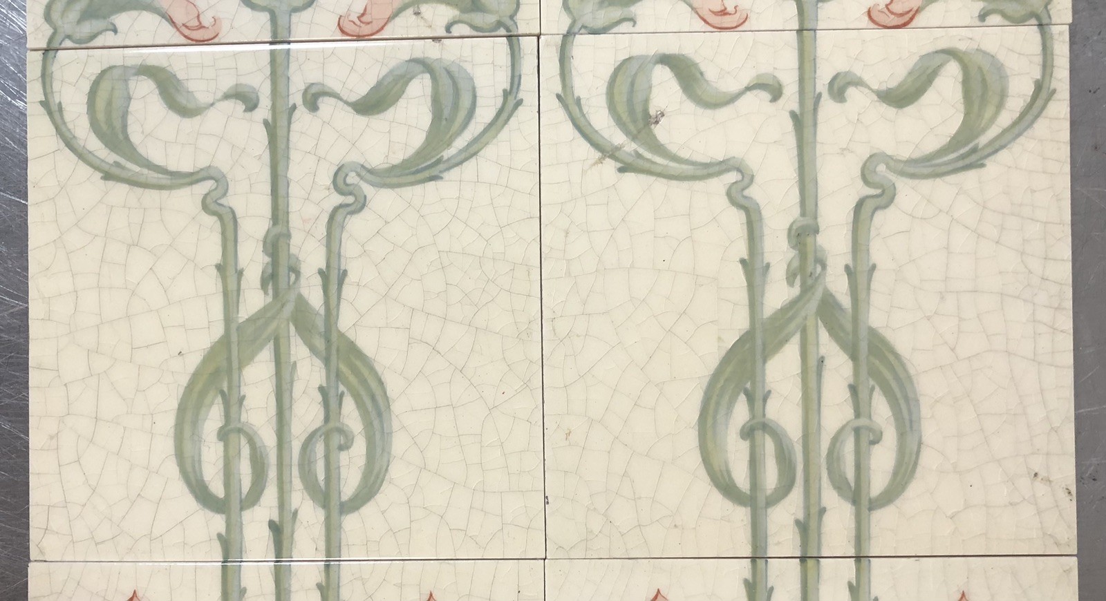 Original Antique Art Nouveau Printed Fireplace 10 Tile Set - Image 3