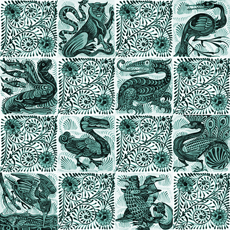 New Colour ! William de Morgan Creatures Ceramic or Porcelain 16 Tile Mural in Teal