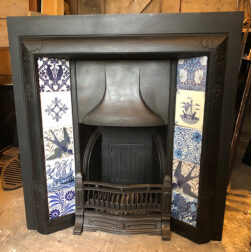 Antique Edwardian Arts and Crafts Tiled Cast Iron Fireplace Insert ref i2603