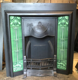 Antique Edwardian Art Nouveau Tiled Cast Iron Fireplace Insert ref i2604