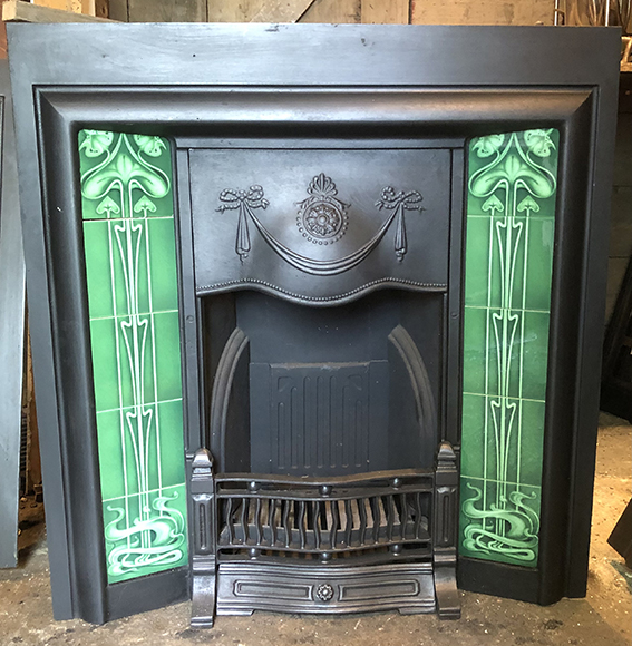 Antique Edwardian Art Nouveau Tiled Cast Iron Fireplace Insert ref i2604