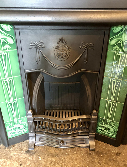 Antique Edwardian Art Nouveau Tiled Cast Iron Fireplace Insert ref i2604 - Image 7