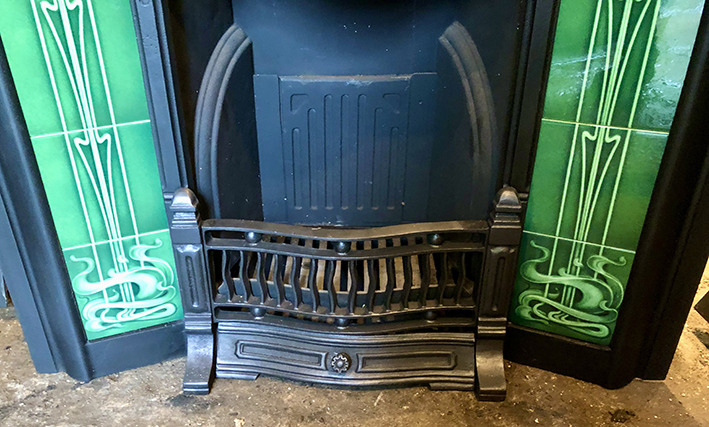 Antique Edwardian Art Nouveau Tiled Cast Iron Fireplace Insert ref i2604 - Image 5